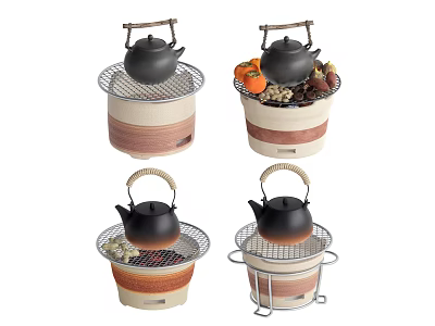 Traditional Tea Set Featuring Teapot Various Stove Bases Woven Texture Metal Racks And Fresh Fruits 3d model