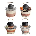 Traditional Tea Set Featuring Teapot Various Stove Bases Woven Texture Metal Racks And Fresh Fruits