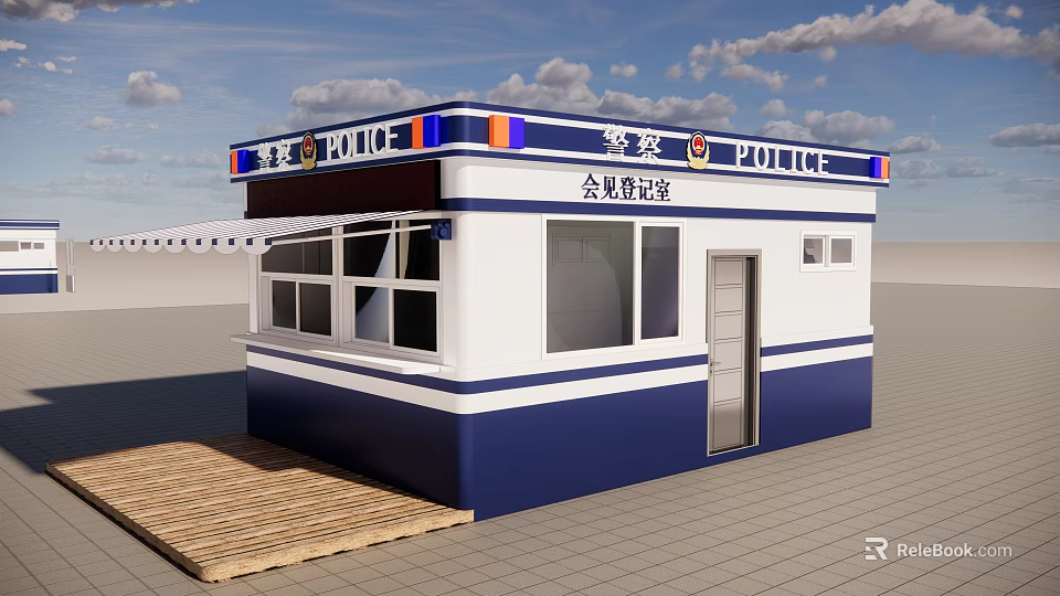 Blue And White Police Service Hall For Visitor Registration With Windows And Door 3d model 