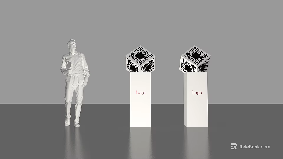 Statue Figure Display With Two Logo Pillars Featuring Hexagonal Decorative Tops 3d model