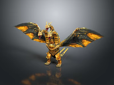 Majestic Three Headed Dragon Game Movie Character With Golden Black Wings And Mythical Design 3d model