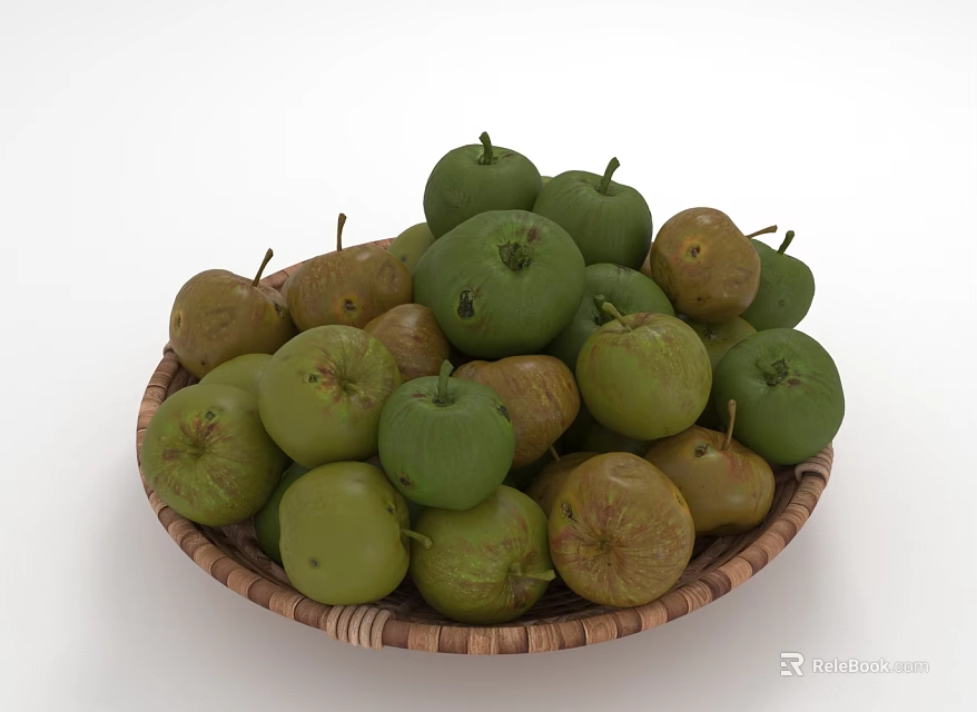 Wicker Basket Filled With Fresh Green And Yellow Fruits On White Background 3d model 