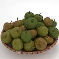 Wicker Basket Filled With Fresh Green And Yellow Fruits On White Background