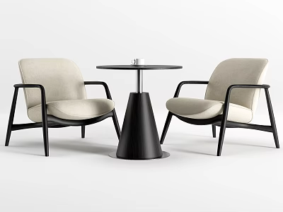 Modern Table And Chairs Set With Beige Armchairs Black Frames Round Tabletop And Conical Base 3d model