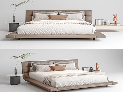 Modern Double Bed Design With White Sheet Gray Brown Pillows Nightstand Plant And Teddy Bear 3d model
