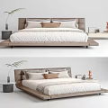 Modern Double Bed Design With White Sheet Gray Brown Pillows Nightstand Plant And Teddy Bear
