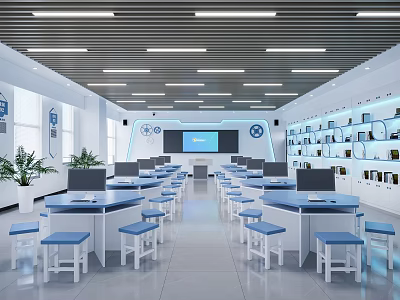 Modern Laboratory Interior Design With Lab Tables Blue Stools Computers And Bookshelves 3d model