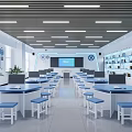 Modern Laboratory Interior Design With Lab Tables Blue Stools Computers And Bookshelves