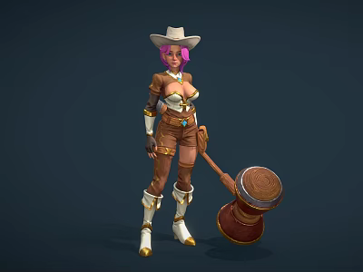 Game Character With Cowboy Hat Pink Hair And Brown Outfit Holding Large Hammer 3d model