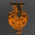 Ancient Style Two Handled Ceramic Vessel With Orange And Black Decorative Painted Patterns