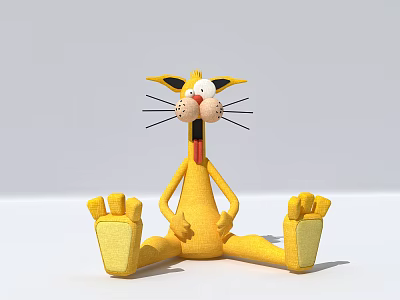 Plush Yellow Cat Shaped Doll With Open Mouth Sticking Tongue And Black Whiskers Sitting Pose 3d model