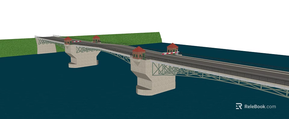 Scenic Bridge With Stone Piers Steel Truss Roadway And Red Domed Towers Over Water 3d model 