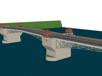 Scenic Bridge With Stone Piers Steel Truss Roadway And Red Domed Towers Over Water 3d model
