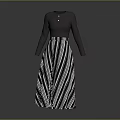 Dark Gray Long Sleeve Top With Button Detail And Black White Striped Long Skirt Outfit