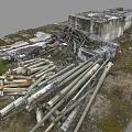 Aerial View Of Abandoned Ruins With Damaged Concrete Structures Wooden Debris And Metal Scraps