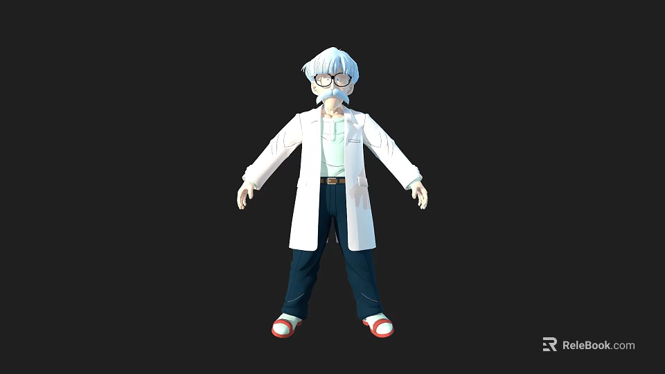 Anime Character In White Lab Coat With Light Blue Hair Glasses Dark Pants And Red Shoes 3d model 