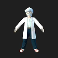 Anime Character In White Lab Coat With Light Blue Hair Glasses Dark Pants And Red Shoes
