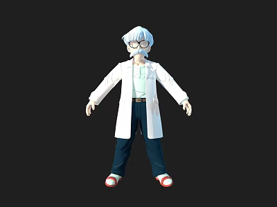Anime Character In White Lab Coat With Light Blue Hair Glasses Dark Pants And Red Shoes 3d model