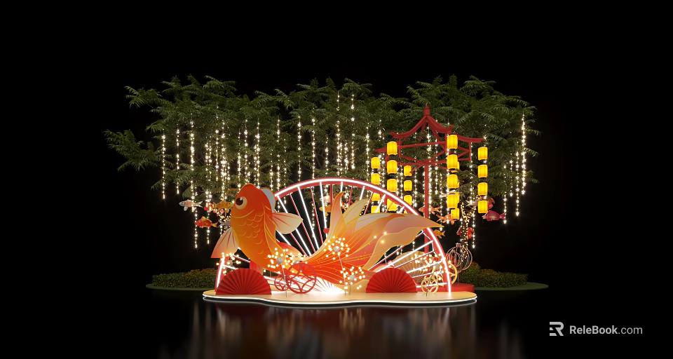 Decorative Golden Fish Display With Red Lanterns String Lights And Green Trees 3d model 