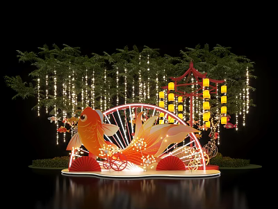 Decorative Golden Fish Display With Red Lanterns String Lights And Green Trees 3d model