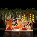 Decorative Golden Fish Display With Red Lanterns String Lights And Green Trees 3d model