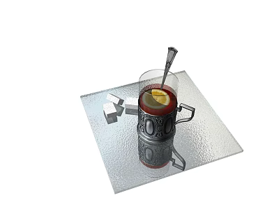 Ceramic Mug With Lemon Slice And Metal Spoon On Silver Reflective Mat With Sugar Cubes 3d model