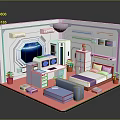 Futuristic Room Interior With Bed Sofa Computer Plants And Large Screen Showing Blue Planet View