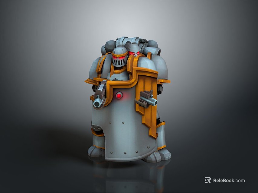 Detailed Game and Movie Mechanical Character With Silver Yellow Armor Red Light and Weapons 3d model 