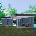 Modern Outdoor Pavilion Design With Green Lawn Trees And Seating Area