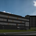 Modern Industrial Factory Building With Large Glass Windows Green Lawn And Trees