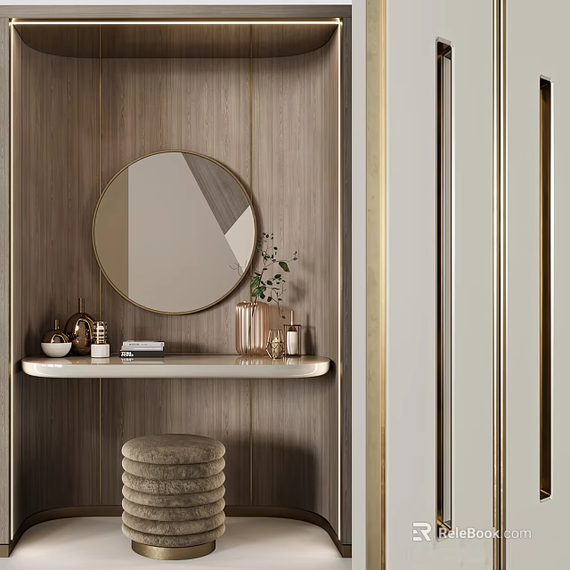 Modern Dressing Table With Round Mirror Wooden Wall White Countertop And Skincare Products 3d model 