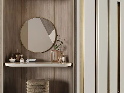 Modern Dressing Table With Round Mirror Wooden Wall White Countertop And Skincare Products 3d model
