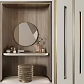 Modern Dressing Table With Round Mirror Wooden Wall White Countertop And Skincare Products