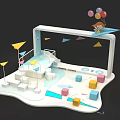 Little Girl Playing With Paper Plane And Balloons In Colorful Play Area With Steps