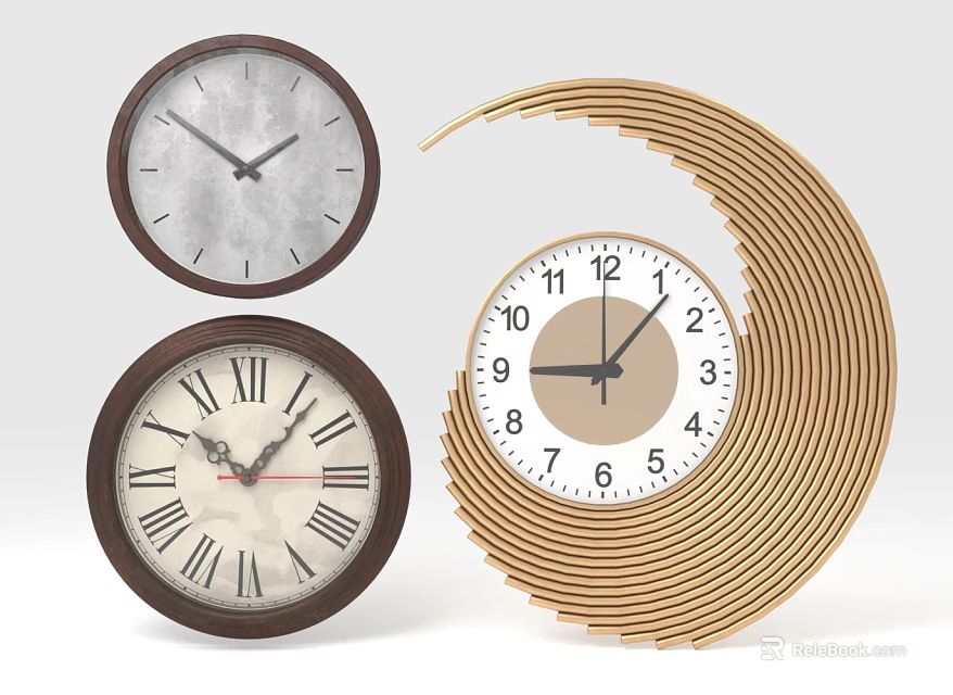 Various Style Clocks Including Round Roman Numeral And Curved Gold Strip Designs 3d model 