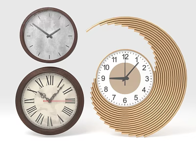 Various Style Clocks Including Round Roman Numeral And Curved Gold Strip Designs 3d model