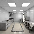 Modern Commercial Kitchen Interior With Stainless Steel Worktables Refrigerators Sinks White Walls And Ceiling Lights