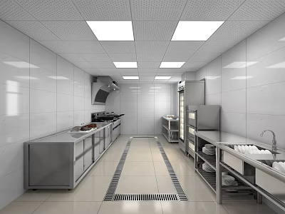 Modern Commercial Kitchen Interior With Stainless Steel Worktables Refrigerators Sinks White Walls And Ceiling Lights 3d model