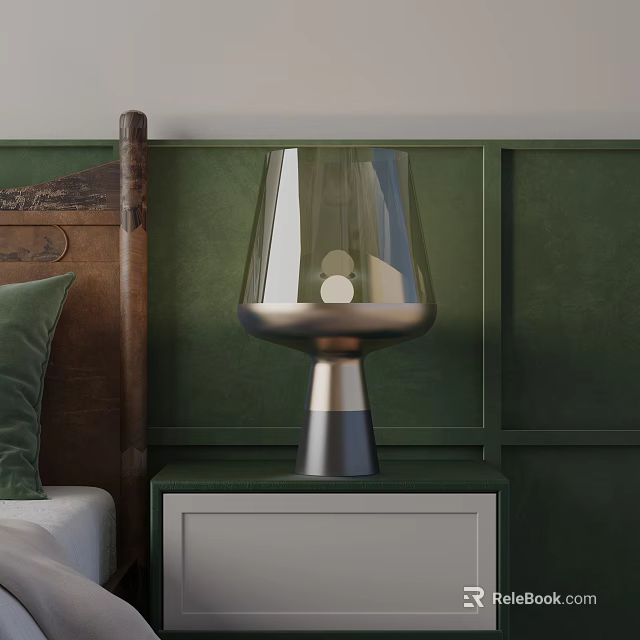Modern Table Lamp With Glass Shade On Green Bedside Cabinet And Wooden Headboard 3d model 