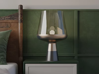 Modern Table Lamp With Glass Shade On Green Bedside Cabinet And Wooden Headboard 3d model