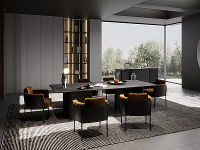 Elegant Modern Restaurant Featuring Large Windows Black Dining Table Yellow Chairs Rug And Open Space 3d model
