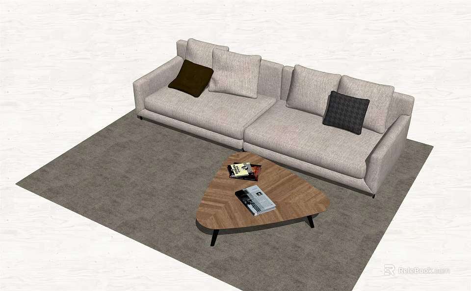 Light Gray Two Seater Sofa with Brown Black Cushions Wooden Coffee Table on Gray Rug 3d model 