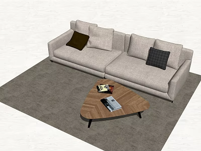 Light Gray Two Seater Sofa with Brown Black Cushions Wooden Coffee Table on Gray Rug 3d model