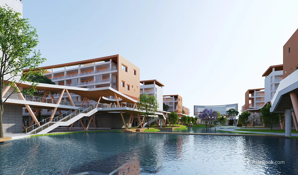 Modern School Campus Buildings With Waterfront Greenery Walkway And Stairs Design 3d model 