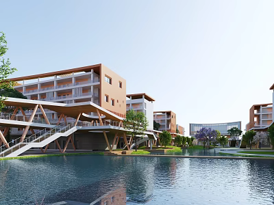 Modern School Campus Buildings With Waterfront Greenery Walkway And Stairs Design 3d model