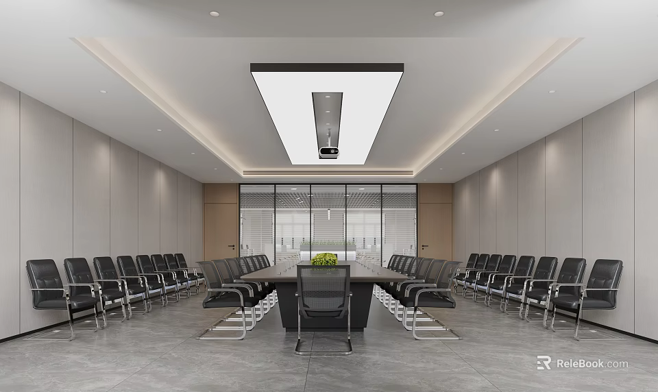 Modern Conference Room Interior With Long Table Black Chairs And Ceiling Light 3d model 