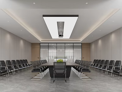 Modern Conference Room Interior With Long Table Black Chairs And Ceiling Light 3d model