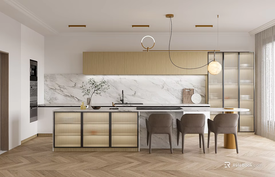 Modern Elegant Kitchen Interior With Marble Backsplash Island Cabinets Herringbone Wooden Floor And Grey Chairs 3d model 