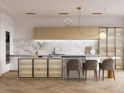 Modern Elegant Kitchen Interior With Marble Backsplash Island Cabinets Herringbone Wooden Floor And Grey Chairs 3d model