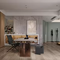 Modern Tea Room Interior Design With Long Table Bookshelves And Flower Vase